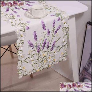 Chemin de table Tissus Textiles de Maison Jardin Style Japonais 40X90 40X180Cm Luxe Violet Lavande Floral Blanc Satin Cutwork Brodé Tv St