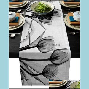 Chemin de table Chiffons Maison Textiles Jardin Pointe Fleur Noir Et Blanc Silhouette Lin Coton Drapeau Moderne Fête De Mariage Décor Dinning Runner
