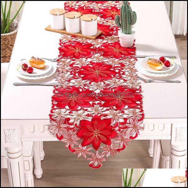 Chemin de Table Chiffons Textiles de Maison Jardin Double Épaisseur Rouge Rustique Cutwork Brodé Floral Runners Décorations De Noël De Haute Qualité