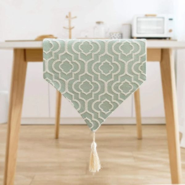 Camino de mesa elegante Jacquard turquesa algodón lino con borlas bufanda de tocador para fiesta en casa decoración de comedor de boda 231127