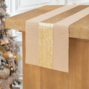 Camino de mesa est Camino de mesa de arpillera con lentejuelas doradas, decoración de mesa para fiesta de boda navideña con purpurina, aparador de comedor rústico, mantel de armario 231019
