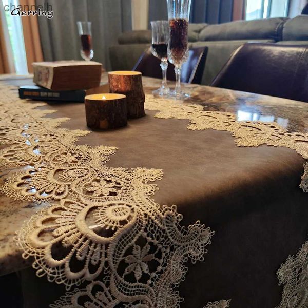 Chemin de table Gerring drapeau européen imperméable et résistant à l'huile sans lavage nappe de luxe en dentelle housse anti-poussière pour meuble TV marron yq240330