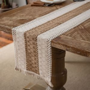 Tabel Runner Linnen katoenen splitsing Tabel Runner Tabel Decoratie Bicolor Woven Tassel Natural Material Wedding Decoratie Tabel Runner 230408