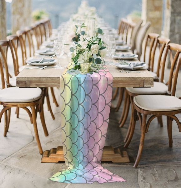 Chemin de table écailles de sirène océan arc-en-ciel pure mousseline de soie chemin de table pays fête de mariage anniversaire Tulle Voile nappe décoration de la maison 230322