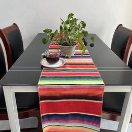 Chemin de table de style mexicain avec pompons - Nappe rayée arc-en-ciel faite à la main - Décoration de table à manger pour fête de mariage - 231019