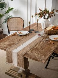Table Runner Natural Cotton Burlap Splicing Splicing Bohemian Style Tables Runner With Tassels Dining Wedding Home Decor 240509