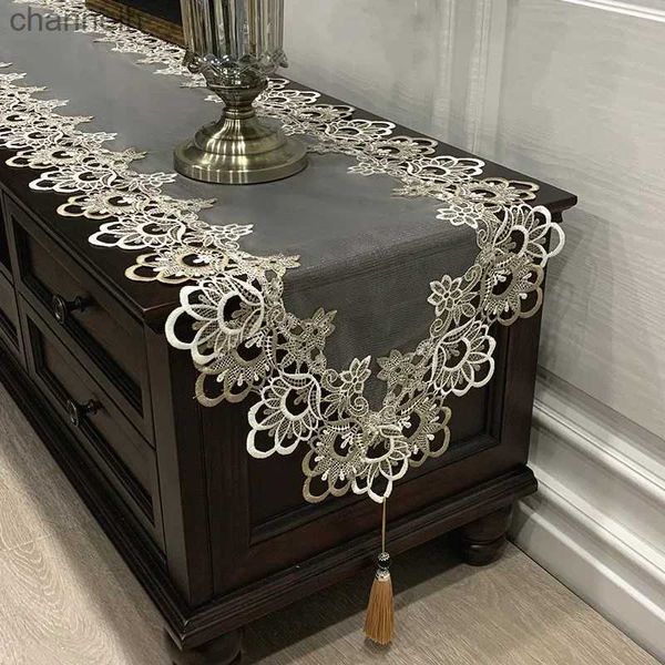 Chemin de table ovale brodé thé Europe meuble TV nappe dentelle pendentif gland commode drapeau chaussure cache-poussière HM98 yq240330