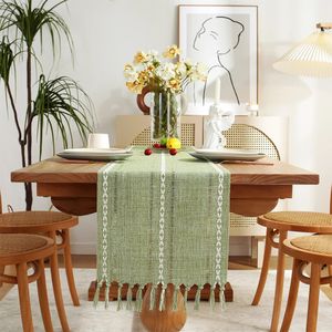 Camino de mesa Camino de mesa de lino rústico con borla hecha a mano bordado con vainica Caminos estilo granja para fiesta y comedor 231019