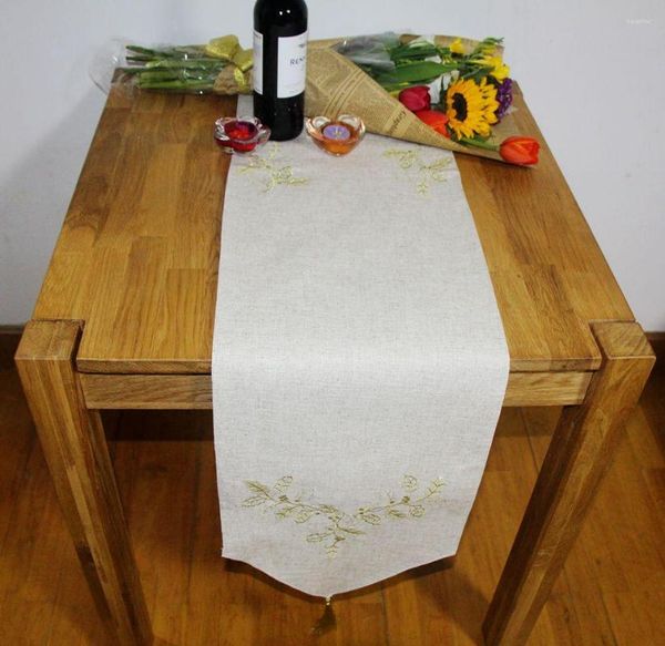 Camino de mesa que vende diseño elegante poliéster bordado poli lino bordado Floral con borla 33X178CM