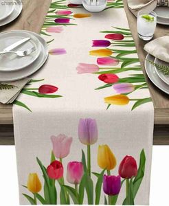 Chemin de table Printemps Tulipe Floral Lin Coureurs Lavable Commode Foulards Salle À Manger Café Mariage Fête De Vacances Décor yq240330