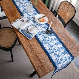 Tabel Runner Tabel Runner Navy Blue Printing Table Runner Simple Elegant Country Wedding Decoratie voor eettafel Home Textiel 33x180cm 230322