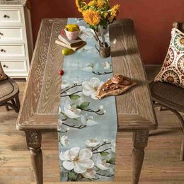 Chemin de table aquarelle fleur lin peinture moderne Art Magnolia coureurs commode foulards pour cuisine salle à manger décor yq240330