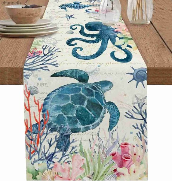 Chemin de Table aquarelle tortue de mer, décoration de commode, écharpe, coquille d'étoile de mer, décoration de cuisine, de fête, yq240330
