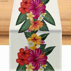 Tafelloper aquarel tropische planten lopers voor eetkamer Puerto Ricaanse Hibiscus bloemen groene bladeren dressoir sjaals yq240330