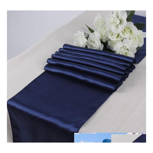 Camino de mesa al por mayor 10 unids azul marino corredores de satén 12 x 108 decoraciones de fiesta de boda entrega de entrega hogar jardín textiles paños otk3a