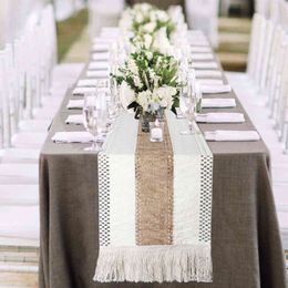 Corredores de mesa Natural Burlap Supling Cotton Boho Runner con borlas Bohemian Rustic Home Christmas Wedding Table Decoración 211117