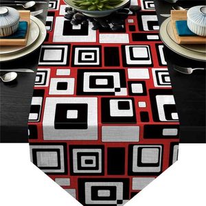 Tafellopers Patchwork Geometric Spliced ​​Rood Zwart Moderne Runner Doek Dining Decor voor Bruiloft Thuiskantoor 210709