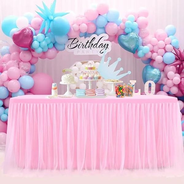 Falda de mesa 14FT/8FT Falda de mesa de tul rosa azul Baby Shower Mantel LED para mesas rectangulares Fiesta de cumpleaños Pastel Decoraciones de mesa dulces 231216