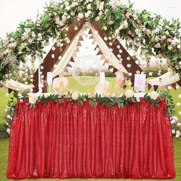 Falda de mesa de 14 pies con lentejuelas rojas, rectangular, cuadrado, redondo, mantel con purpurina para fiesta de boda, cena, Baby Shower, decoración navideña