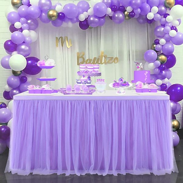 Jupe de table 6FT9FT violet fête de mariage Tutu Tulle vaisselle tissu bébé douche sexe révéler anniversaire décoration de la maison 230721