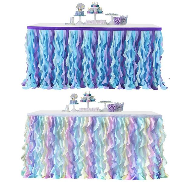 Jupe de table Thème Licorne Sirène 6Ft Dentelle Taffetas Tutu Tulle Jupe de Table Pour Table Ronde ou Rectangulaire Baby Shower Fournitures de Fête d'Anniversaire 231207