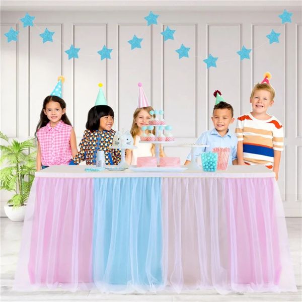 Falda de mesa Falda de mesa de organza brillante Gasa Voile Decoración de boda Mantel Fiesta de cumpleaños Niños Comedor para niños Hogar para eventos 231019