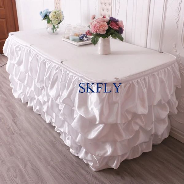 Jupe de table SK002G, fournisseur d'événements de mariage, jupe de table en satin blanc, violet, vert, rassemblée en usine, 231019