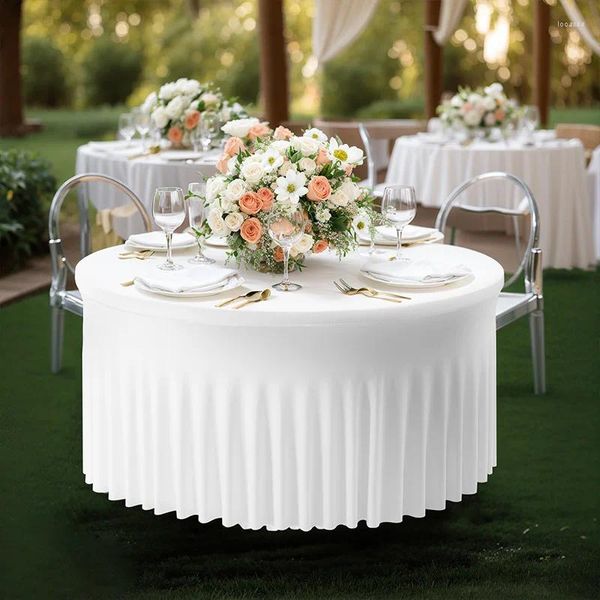 Jupe de Table en Polyester blanc, couverture de nappe élastique, ronde en Spandex, pour Banquet de mariage, conférence, décoration de fête au bureau