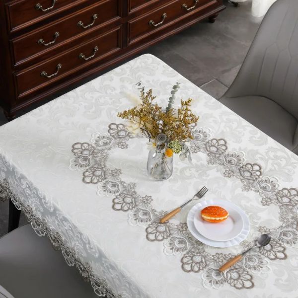 Mantel rectángulo mesa de comedor blanco satén Jacquard Europa cubierta de mesa redonda decoración de mesa de cubierta de polvo bordado