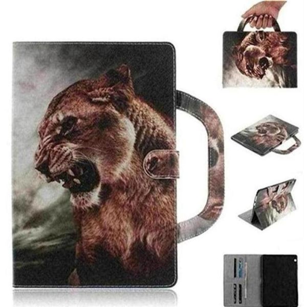 Étui à tablette pour Huawei MediaPad T3 10 96 AGSL09 AGSL03 Handle Flip Cover Stand en cuir Portefeuille coloré Dessin Tiger Lion242H6541645