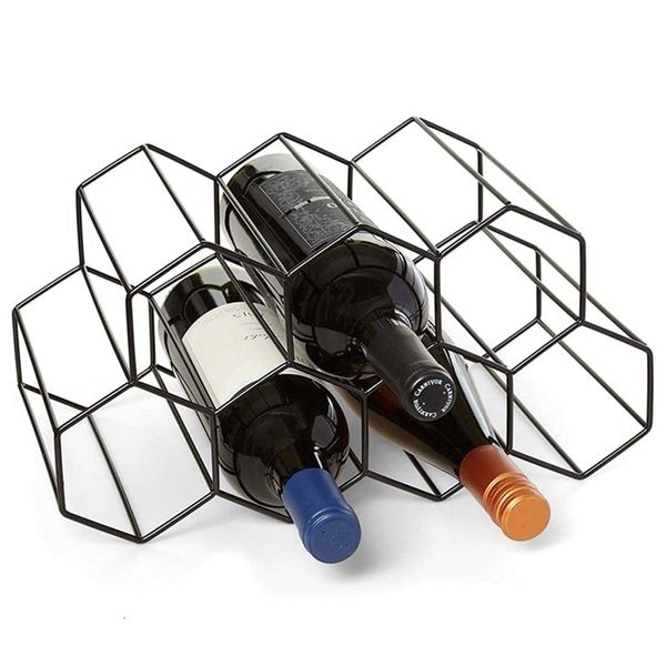 Estantes de vino de mesa Estante de botella de vino de metal hexagonal 7 Botellas Decoración de gabinete Estante de exhibición Estante de almacenamiento de vino Accesorios de mesa para el hogar 230627