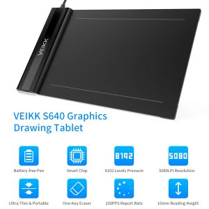 Tablettes Veikk S640 Tablette à stylo graphique 6 x 4 pouces Ultra mince Nouvelle tablette de dessin numérique avec un stylo de batterie 8192 Pression