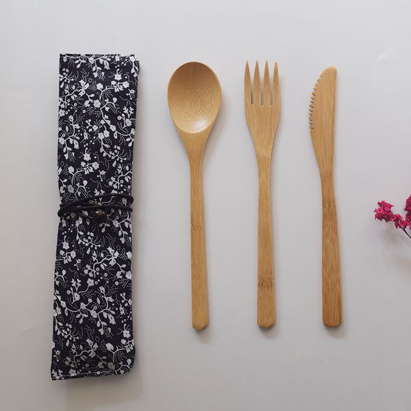 Vaisselle Ensemble de Couverts avec Sac en Tissu Paquet Couteau en Bambou Naturel Fourchette Cuillère Ensembles de Vaisselle en Gros
