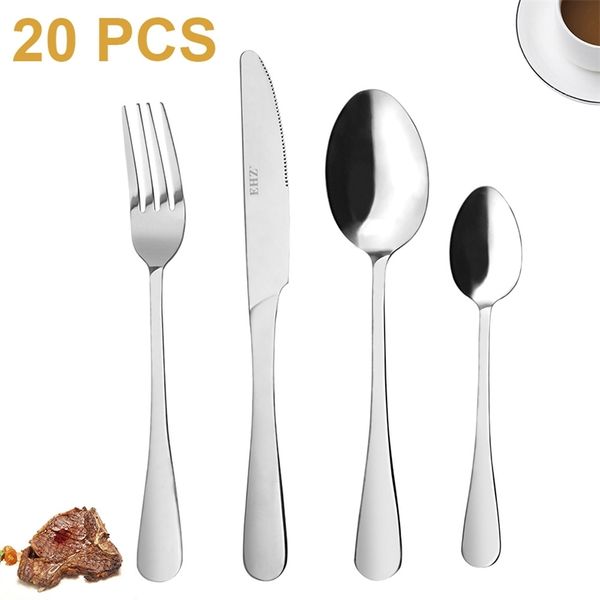 Ensemble de vaisselle 20pcs Ustensiles de cuisine en acier inoxydable Les ensembles de couverts incluent le service de couteau / cuillère / fourche en miroir pour 5 211112