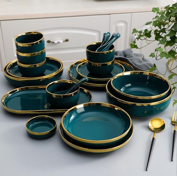 Service de table assiettes et bols en céramique ensemble de vaisselle verte service plats 2/4/6 personne cuisine Restaurant hôtel