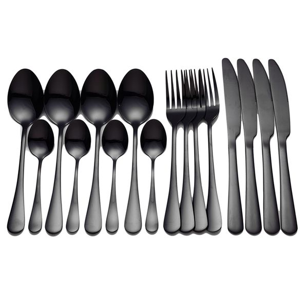 Tablewellware Vaisselle noire Couverts en acier inoxydable Fourchettes Couteaux Cuillères Cuisine Dîner Set Fourchette Cuillère Couteau Set 16 Pcs Y200610