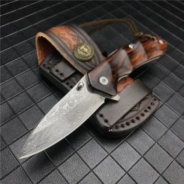 Cuchillo plegable de apertura asistida táctica, mango de madera, hoja de acero damasco, herramienta para exteriores, supervivencia con Funda de cuero