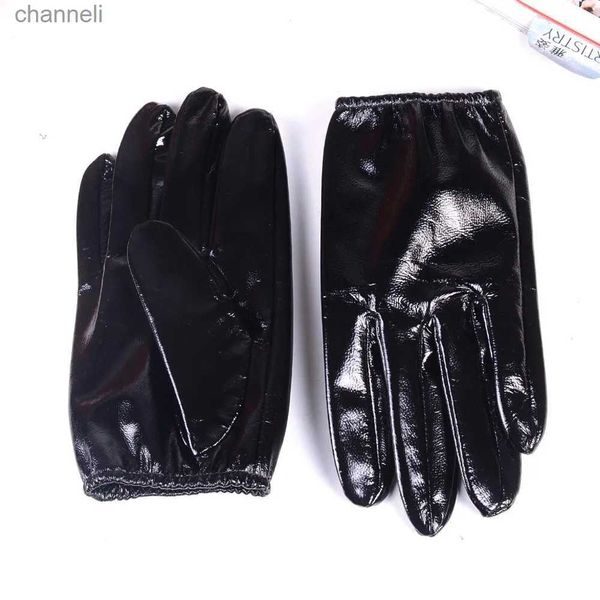 Guantes tácticos para hombre 100% cuero auténtico charol negro brillante sin forro muñeca retráctil policía guantes cortos YQ240328