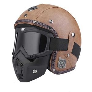 Tactische Helmen Retro Vintage Helm Motorfiets 3/4 Open Gezicht DOT goedgekeurd vizier PU leer Casco Moto Helm Motocross helmen Met Goggle MaskHKD230628