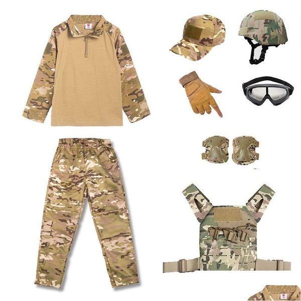 Ensembles de veste tactique Camouflage Kid Uniforme CS BDU Set Sports de plein air Airsoft Gear Jungle Chasse Woodland Casque Gilet Cap Comba Ot6Bu
