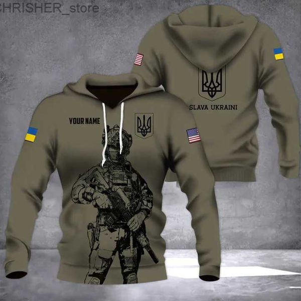 Vestes tactiques Nom personnalisé Usa Stands avec l'Ukraine Sweat à capuche imprimé en 3D pour hommes Vétérans de l'Ukraine Sweat à capuche avec fermeture éclair en 3D Drapeau Camouflage Sweat-shirt décontracté L231218