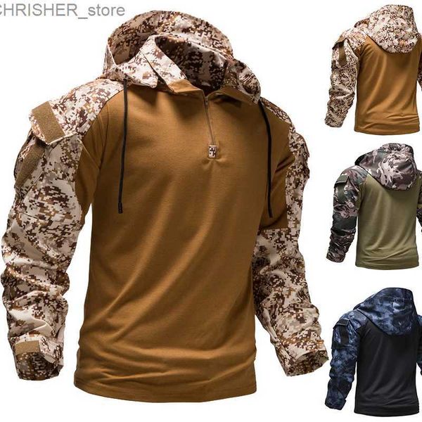 Vestes tactiques d'extérieur pour hommes, T-shirt tactique militaire à manches longues, sweat-shirt de Camouflage à capuche, taille ue L231218