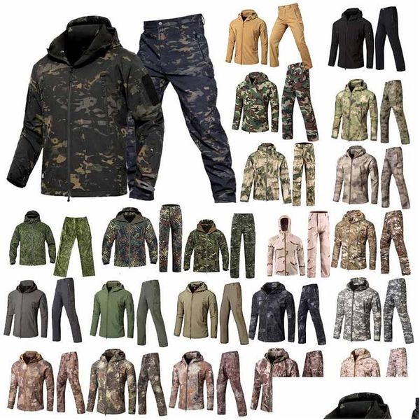 Chaquetas tácticas Softshell Chaqueta al aire libre Pantalones Set Woodland Caza Ropa de tiro Táctico Camo Abrigo Combate Camuflaje Cortavientos Dhamj