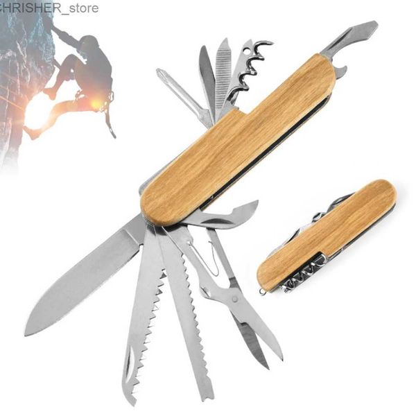 Cuchillos tácticos Cuchillo suizo multiusos 13 en 1 Multiherramientas Cuchillo plegable de acero inoxidable Mango de madera Llavero para exteriores Cuchillo de bolsillo ToolsL2403