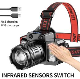 Tactische militaire koplamp zaklamp USB oplaadbare infraroodsensor zoombare koplampen helderste roodblauw knipperende lichtlamp fietsen met hoofdlamp