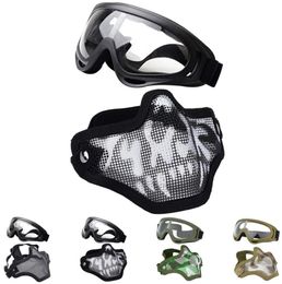 Lunettes de soleil tactiques Airsoft, demi-masque de tir, maille en acier et ensemble de lunettes, sport paintball CS, Protection des yeux 9985297