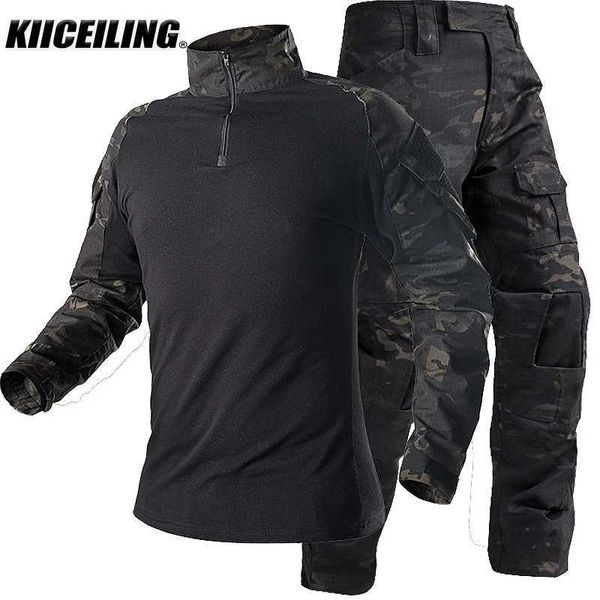 Camisetas tácticas Kiiceiling Multicam Camisa y pantalones tácticos militares negros con esteras de trabajo Airsoft Camuflage Equipo de caza 240426