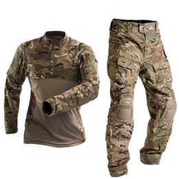 Tactische T-shirts Militair uniform Tactische set gevechtsspak Mens kleding Tatico Top Airsoft Multicam Us Army Camouflage jachtbroeken+pads 240426