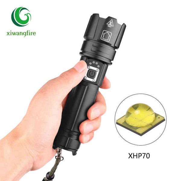 Linterna recargable telescópica táctica Pantalla de potencia XHP70 Linterna deslumbrante Linterna impermeable para acampar Luz de pesca J220713