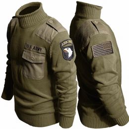 Pull à col roulé tactique hommes Vintage Airborne tricoté pull US Army Special Force 100% Cott Patch Jersey Jumper B1XD #